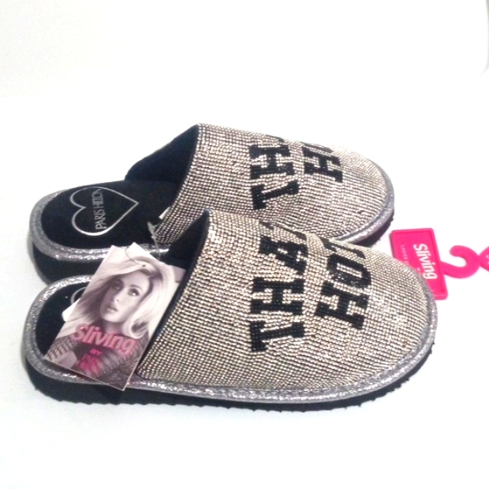 PARIS HILTON RHINESTONE BLACK THAT'S HOT MULE SLIPPERS SIZE 5-6 NWT - Picture 4 of 7